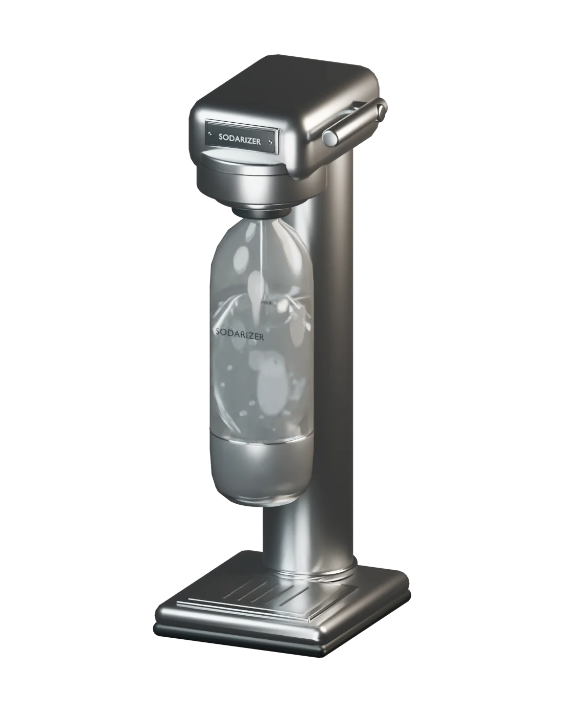 Reference-based 3D concept of the Sodarizer STEEL: stainless steel body, side lever and clear bottle